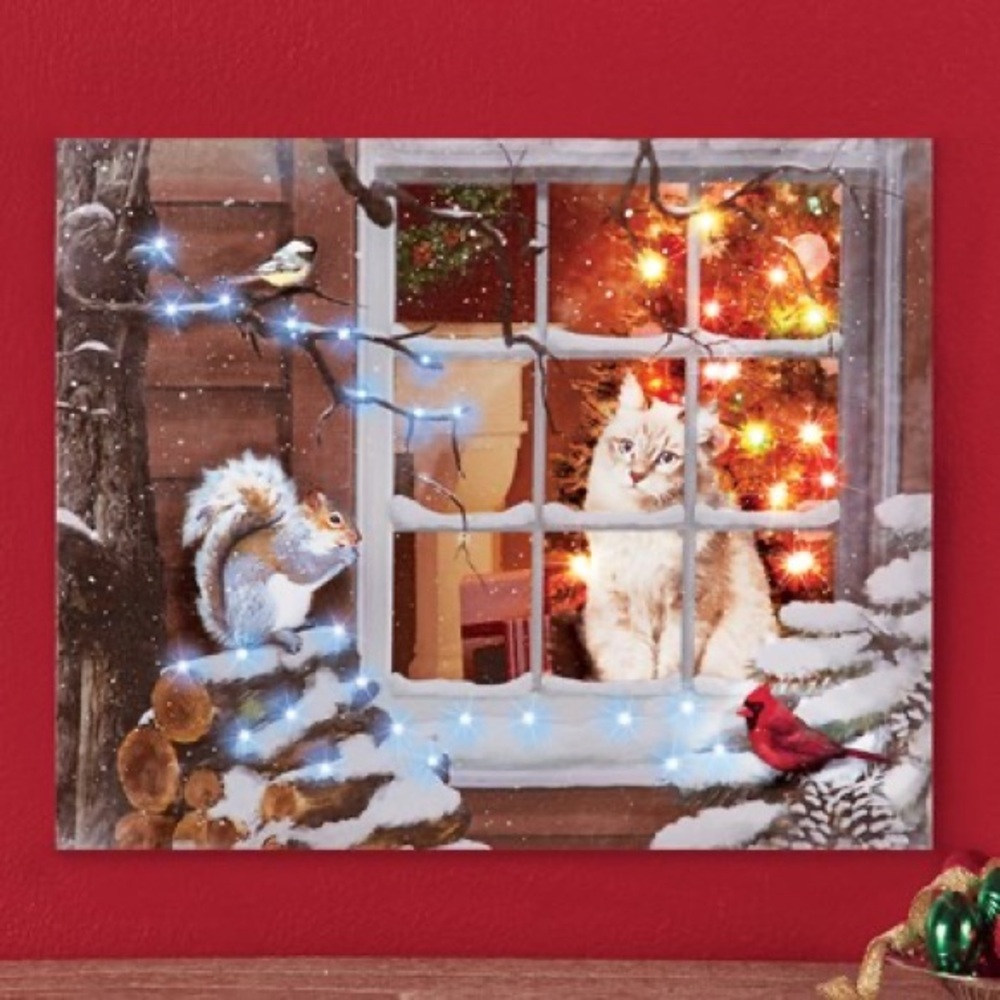 Holiday Christmas Window White Cat Scene Lighted Canvas Picture 17x14